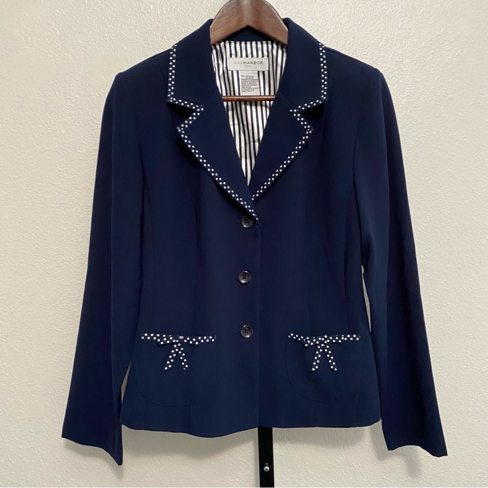 Women’s Navy Blue Polka Dot Trim Blazer 8 Preppy Office Academia Twee Heritage